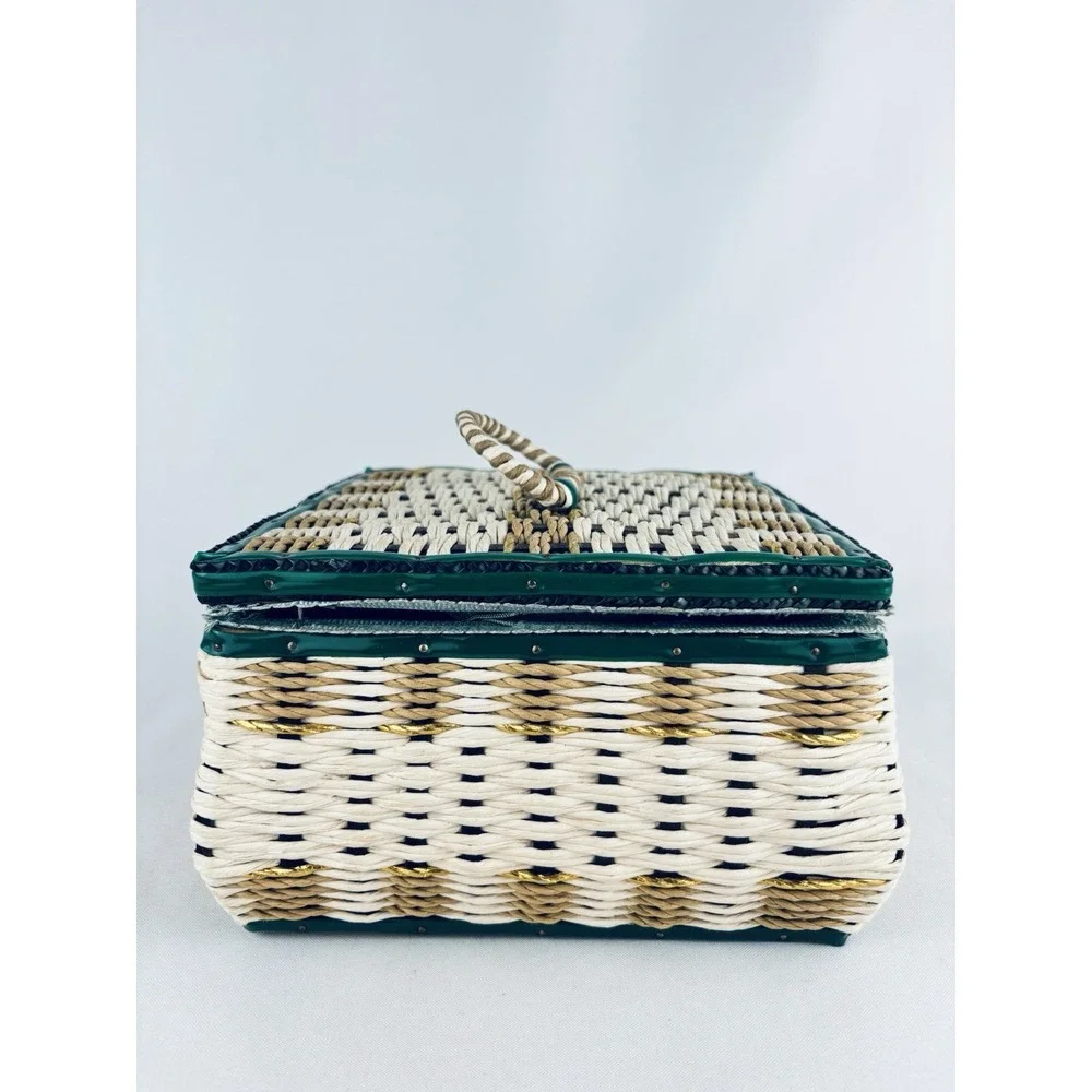 Vintage Wicker Sewing Basket / Music Box & Satin Lining Thread Supplies Works!